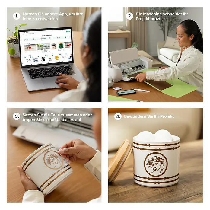 Cricut Maker Plotter de corte Maker 4 Essentials-Bundle - Gris/ Verde, Bluetooth, Ancho de corte: 29,7 cm, Longitud de corte: 3,6 m - Un bote de cerámica blanco con un diseño marrón personalizado, con un rostro de mujer y rayas, con tapa de madera.