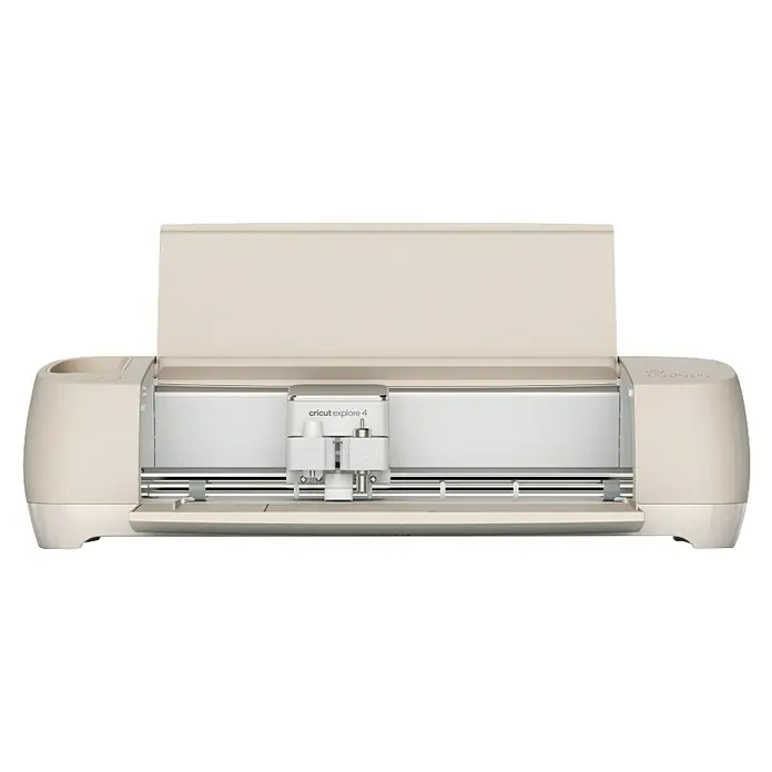 Cricut Plotter de corte Explore 4 - Blanco, Bluetooth, Ancho de corte: 29,7 cm, Longitud de corte: 3,6 m - Máquina de corte inteligente Cricut Explore 4 beige claro con la tapa abierta, mostrando el carro de doble herramienta.