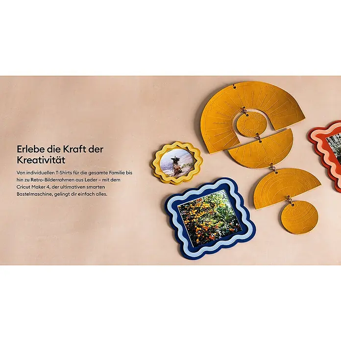 Cricut Maker Schneideplotter-Set Maker 4 + Materials Starter Bundle - 2 -tlg., Bluetooth, Schnittbreite: 29,7 cm, Schnittlänge: 3,6 m - Bunte Leder-Bilderrahmen und dekorative Sonnenornamente, die kreative Bastelprojekte zeigen.