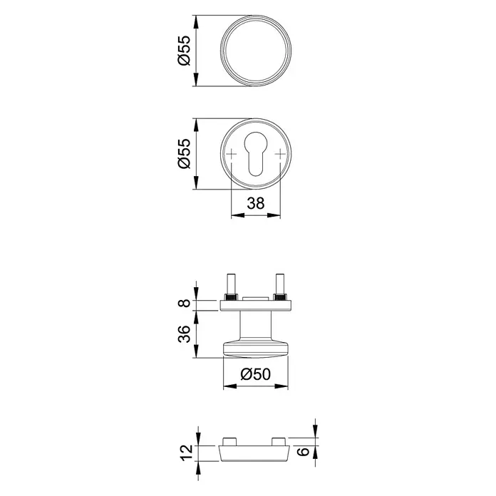 Schutzbeschlag - Hauseingangstür, Aluminium, Profilzylinder PZ, Stärke Tür: 35 mm - 45 mm, Farbe: Stahlgrau - Skizze eines Türbeschlags mit den Maßen Ø55, 38, 8, 36, Ø50, 12 und 6 zur Veranschaulichung der Produktabmessungen.