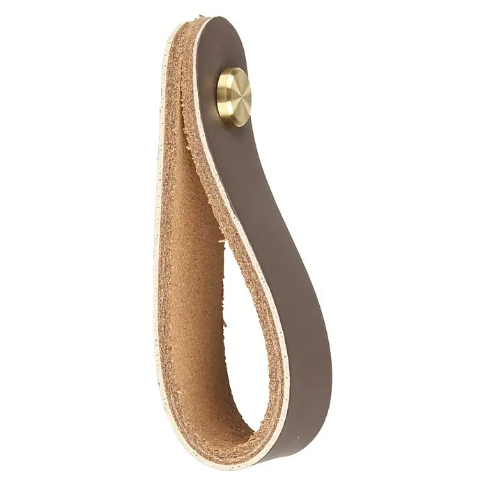 Rei Möbelgriff - Länge: 160 mm, Leder, Creme - Dunkelbrauner Ledergriff in Schlaufenform mit Messingniete, Innenseite aus hellem Naturleder.