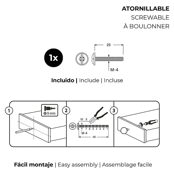 Rei Möbelknopf - Antikes Messing - M-4 Schraube (25mm) und 3-Schritt-Montageanleitung: 5mm Loch bohren, Schraube in Holzplatte einsetzen, Knopf anbringen.