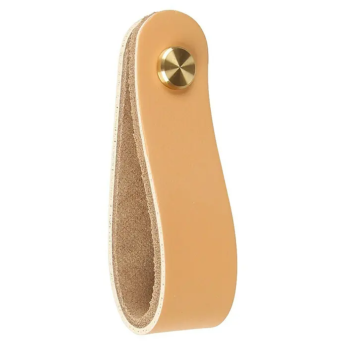 Rei Möbelgriff - Länge: 160 mm, Leder, Creme - Helle naturfarbene Lederschlaufe mit sternförmigem Messingverschluss.