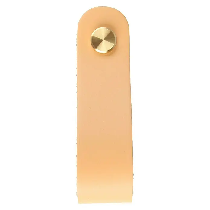 Rei Möbelgriff - Länge: 160 mm, Leder, Creme - Naturbrauner Leder-Zuglasche mit Messingschraube.