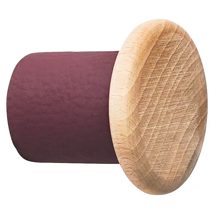 Rei Garderobenhaken C8723 - L x B x H: 49 x 50 x 50 mm, Holz, Burgund - Dunkelvioletter zylindrischer Wandhaken mit heller, ovaler Holzfront.
