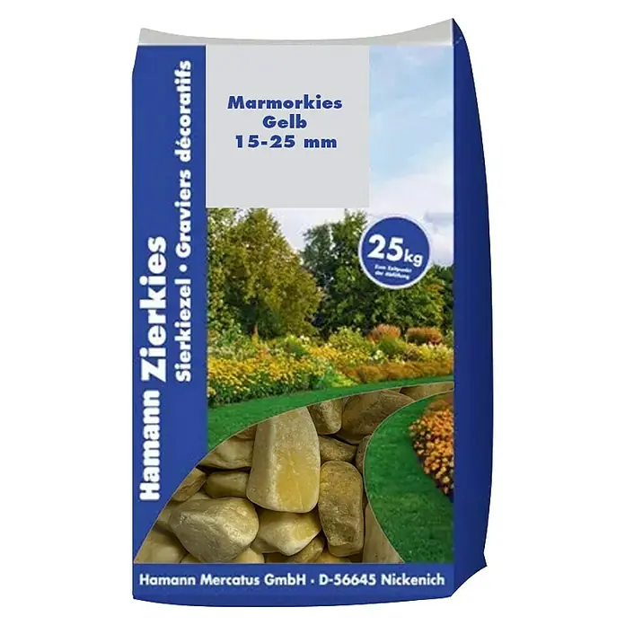 Hamann Mercatus Marmorkiesel - Gelb, Körnung: 15 mm - 25 mm, 25 kg - 25kg Sack Hamann Zierkies gelber Marmorkies (15-25mm) für Garten- und Landschaftsgestaltung.