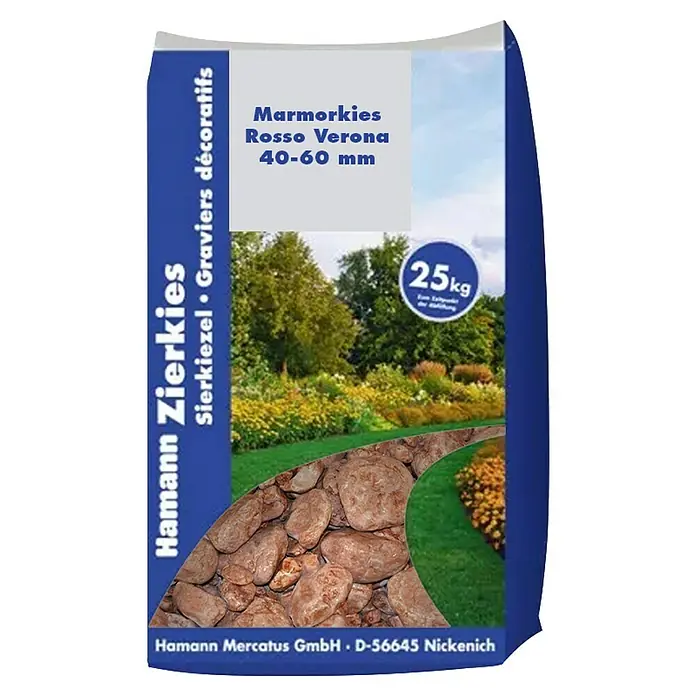 Hamann Mercatus Marmorkiesel - Rosso Verona, Körnung: 40 mm - 60 mm, 25 kg - 25kg Sack Hamann Zierkies Marmorkies Rosso Verona (40-60mm) für Gartengestaltung.