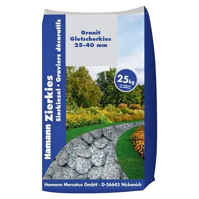 Hamann Mercatus Granitkiesel - Grau, Körnung: 25 mm - 40 mm, 25 kg - Sack Hamann Granit Gletscherkies Zierkies, 25-40mm, 25kg, mit Gartenweg-Motiv.