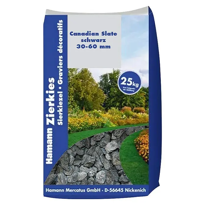 Hamann Mercatus Schieferplättchen Canadian Slate - Schwarz, Steinkörnung: 30 mm - 60 mm, 25 kg - 25kg Sack schwarzer kanadischer Schiefersplitt (30-60mm), abgebildet als Gartenweg.
