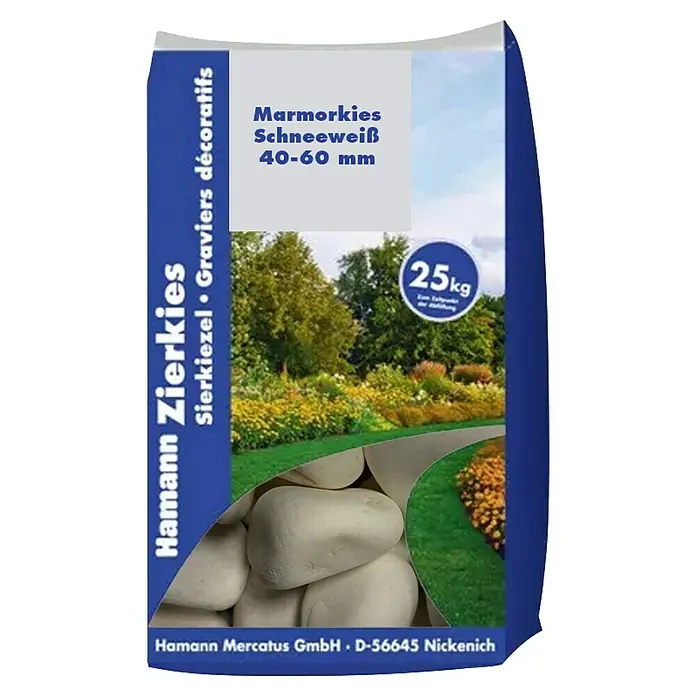 Hamann Mercatus Marmorkiesel - Schneeweiß, Körnung: 40 mm - 60 mm, 25 kg - 25kg Beutel Hamann Schneeweiß Marmorkies, 40-60 mm Zierkies.