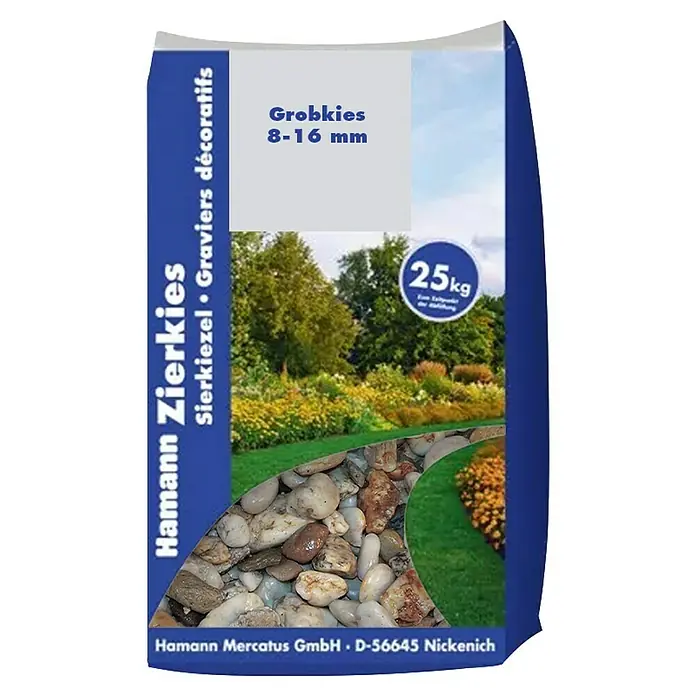 Hamann Mercatus Grobkiesel - Natur, Körnung: 8 mm - 16 mm, 25 kg - Sack Hamann Zierkies Grobkies, 8-16mm Zierkies, 25kg, für Gartenwege.