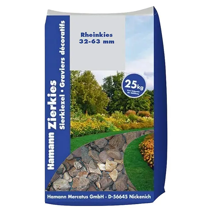 Hamann Mercatus Kies - Körnung: 32 mm - 63 mm, Natur, Kies, 25 kg - Blauer 25kg Sack Hamann Zierkies Rheinkies, 32-63 mm, mit Gartenmotiv. Dekorativer Flusskies für den Garten.