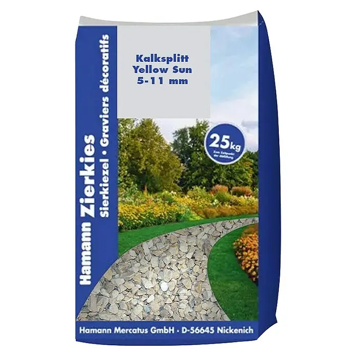 Hamann Mercatus Kalksplitt - Gelb, Körnung: 5 mm - 11 mm, 25 kg - 25kg Sack gelber Kalksplitt 'Yellow Sun' (5-11 mm) für Wege und Gartengestaltung.