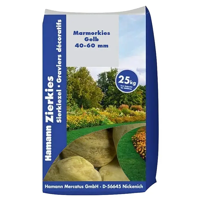 Hamann Mercatus Marmorkiesel - Gelb, Körnung: 40 mm - 60 mm, 25 kg - Hamann Zierkies gelber Marmorkies (40-60mm) im 25kg Sack.