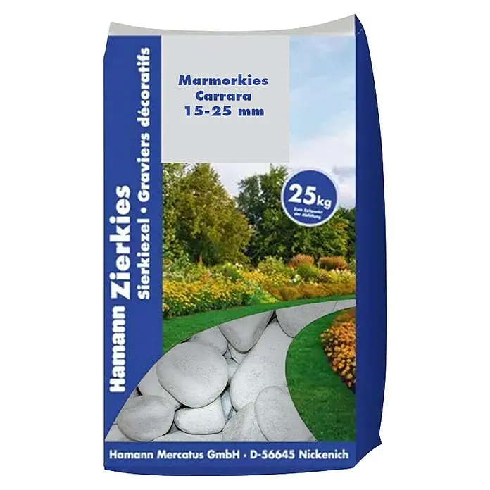 Hamann Mercatus Kiesel - Körnung: 15 mm - 25 mm, Carrara, Marmor, 25 kg - Blauer Sack Hamann Zierkies Marmorkies Carrara, 15-25 mm, 25 kg. Für dekorative Gartengestaltung.