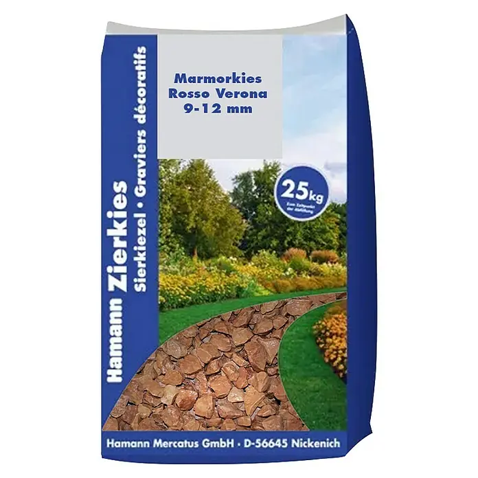 Hamann Mercatus Marmorsplitt - Roso Verona, Körnung: 9 mm - 12 mm, 25 kg - 25 kg Sack Rosso Verona Marmorkies, 9-12 mm, für dekorative Gartengestaltung.