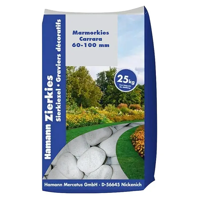 Hamann Mercatus Marmorkiesel - Carrara, Körnung: 60 mm - 100 mm, 25 kg - Sack mit weißen Carrara Marmorkieseln, 60-100mm, zur Gartendekoration. 25kg.