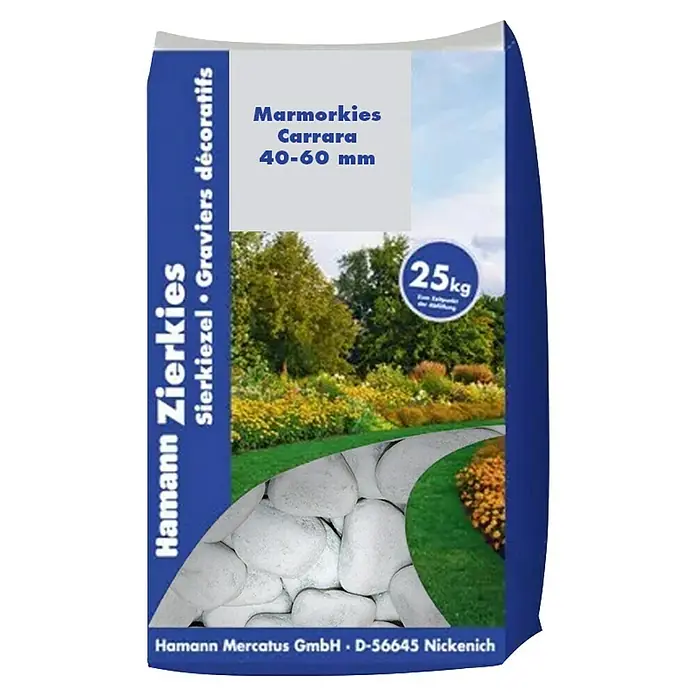 Hamann Mercatus Kiesel - Körnung: 40 mm - 60 mm, Carrara, Marmor, 25 kg - Sack Hamann Zierkies Marmorkies Carrara, 40-60 mm, 25 kg. Dekorative weiße Gartenkiesel.