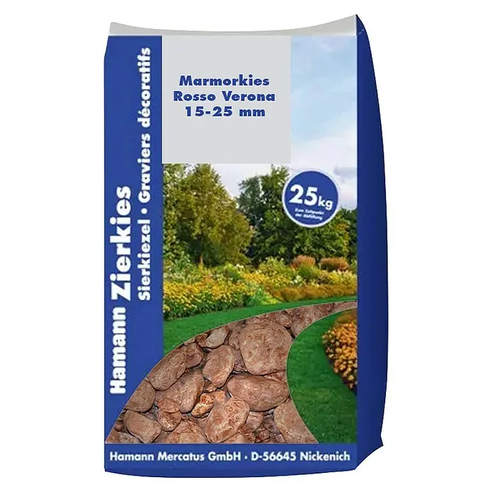 Hamann Mercatus Marmorkiesel - Rosso Verona, Körnung: 15 mm - 25 mm, 25 kg - 25kg Sack Hamann Mercatus Rosso Verona Marmorkies, 15-25mm, mit Gartenszene.