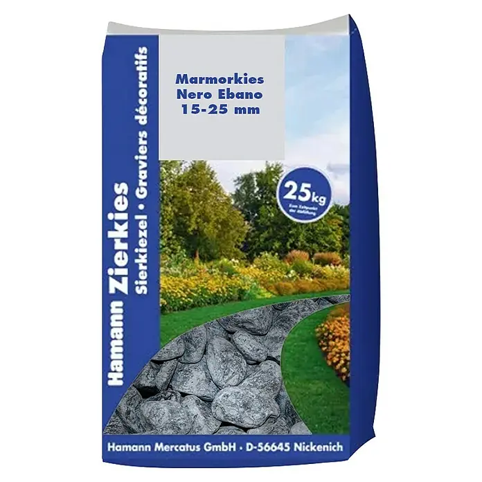 Hamann Mercatus Marmorkiesel - Nero Ebano, Körnung: 15 mm - 25 mm, 25 kg - 25kg Sack Marmorkies Nero Ebano (15-25mm) zur Gartengestaltung.