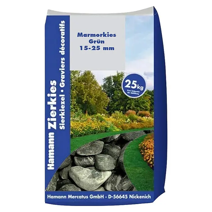 Hamann Mercatus Marmorkiesel - Grün, Körnung: 15 mm - 25 mm, 25 kg - Sack Hamann grüner Marmorkies, 15-25 mm, 25 kg.