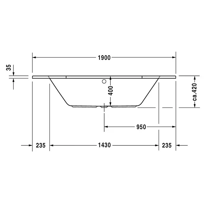Duravit D-Code Badewanne - 190 x 90 cm, Sanitäracryl, Weiß - Technische Zeichnung eines Waschbeckens mit Maßen, die die Abmessungen und die Position des Abflusses zeigen.