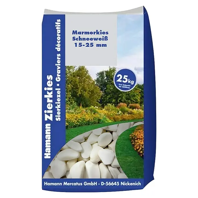 Hamann Mercatus Marmorkiesel - Schneeweiß, Körnung: 15 mm - 25 mm, 25 kg - Sack mit 25 kg weißem Marmorkies (15-25mm) für Gartendekoration.