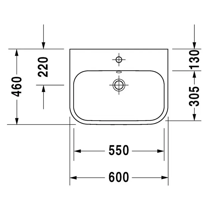 Duravit Happy D.2 Aufsatzwaschbecken - 60 x 46 cm, Ohne Spezialglasur, Hahnloch: Mitte, Mit Überlauf, Weiß - Waschbecken Draufsicht mit Maßen 600x460mm. Die Beckenbreite beträgt 550mm, die Tiefe 305mm und 130mm.