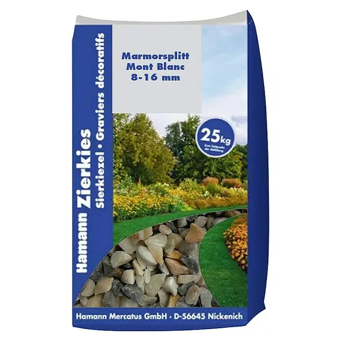 Hamann Mercatus Marmorsplitt - Mont Blanc, Körnung: 8 mm - 16 mm, 25 kg - 25kg Sack Marmorsplitt Mont Blanc (8-16mm) für Gartengestaltung.