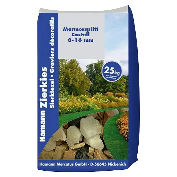 Hamann Mercatus Marmorsplitt - Castell, Körnung: 8 mm - 16 mm, 25 kg - Sack Hamann Zierkies Marmorsplitt Castell, 8-16mm, 25kg, mit Gartenmotiv.