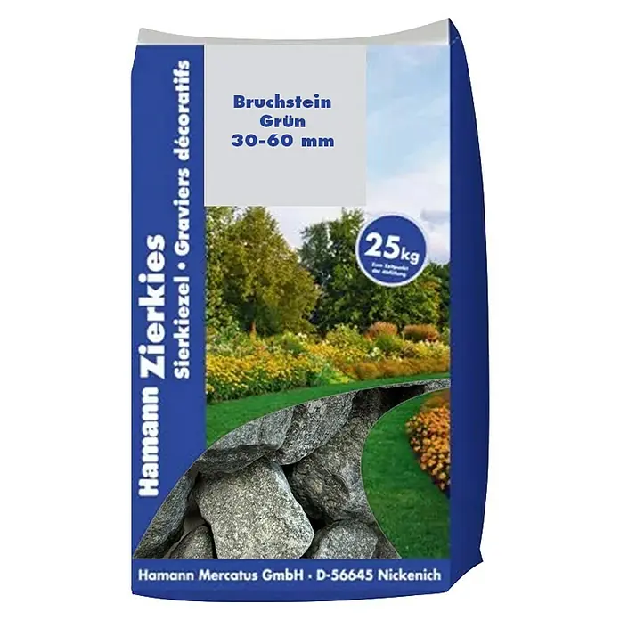 Hamann Mercatus Bruchsteine - Alpengrün, Körnung: 30 mm - 60 mm, 25 kg - Sack Hamann grüner Zierbruchsteine (30-60mm, 25kg) für den Garten.