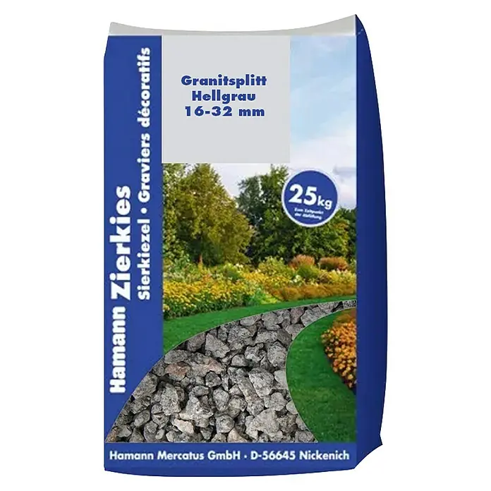 Hamann Mercatus Granitsplitt - Hellgrau, Körnung: 16 mm - 32 mm, 25 kg - Sack heller Granitsplitt (16-32mm) für dekorative Gartenwege, 25kg.