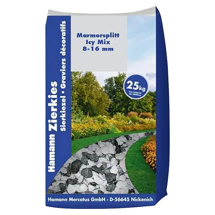 Hamann Mercatus Marmorsplitt - Ice Mix, Körnung: 8 mm - 16 mm, 25 kg - 25kg Sack Hamann Zierkies Icy Mix Dekormarmor-Kies, 8-16 mm, als Gartenweg in einer Landschaftsgestaltung dargestellt.