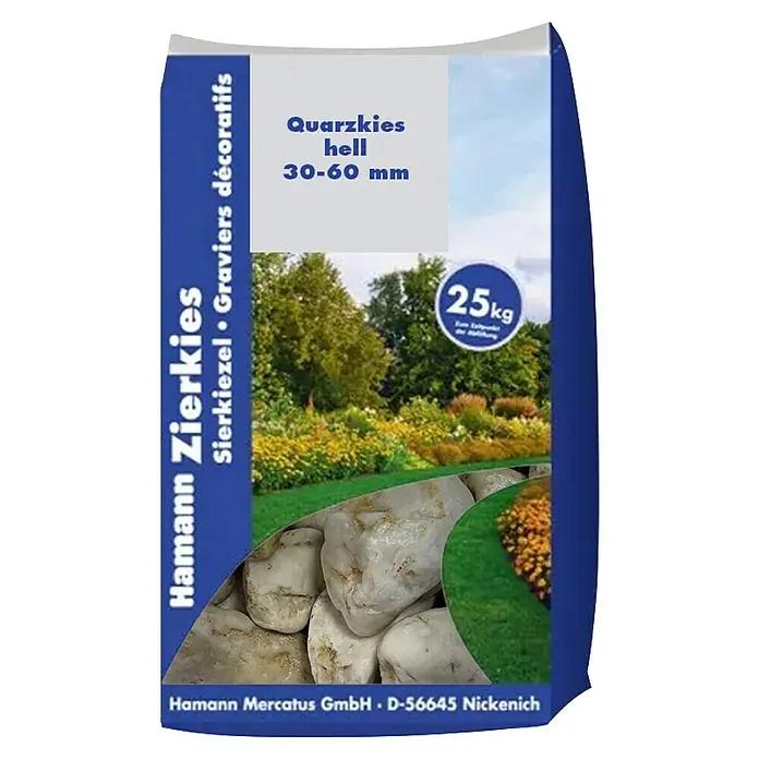 Hamann Mercatus Quarzkiesel - Hell, Körnung: 30 mm - 60 mm, 25 kg - Sack mit 25 kg hellem Quarzkies (30-60 mm) für dekorative Gartengestaltung.