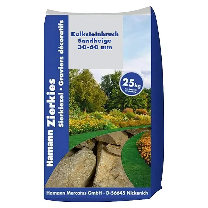 Hamann Mercatus Bruchsteine Kalkstein - Sandbeige, Körnung: 30 mm - 60 mm, 25 kg - Sack mit 25 kg sandbeigem Kalksteinschotter (30-60 mm) für Gartendekoration.