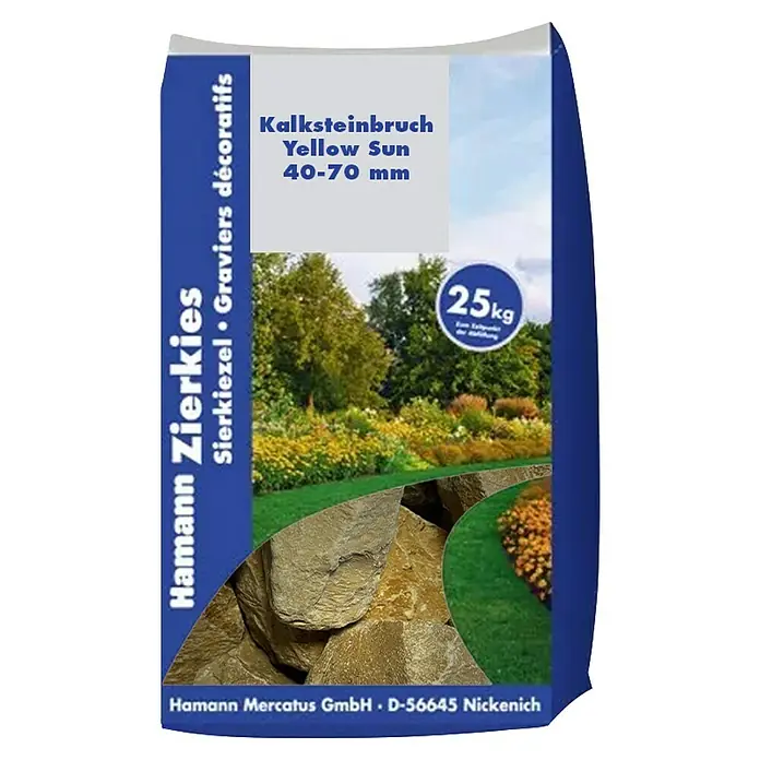 Hamann Mercatus Bruchsteine Kalkstein - Yellow, Körnung: 40 mm - 70 mm, 25 kg - Sack mit gelbem Kalksteinbruch (40-70mm, 25kg) für Gartendekoration.