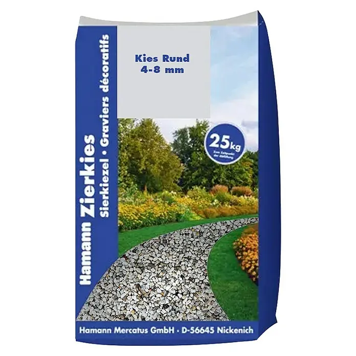 Hamann Mercatus Kies - Natur, Körnung: 4 mm - 8 mm, 25 kg - Blauer 25kg Sack Hamann Rundkies (4-8mm), hellfarbig, mit abgebildetem Gartenweg.