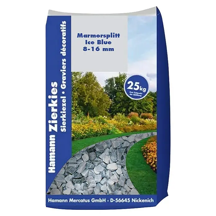 Hamann Mercatus Marmorsplitt - Ice Blue, Körnung: 8 mm - 16 mm, 25 kg - Sack mit Hamann Ice Blue Marmorsplitt, 8-16 mm, 25 kg, für Gartenwege.