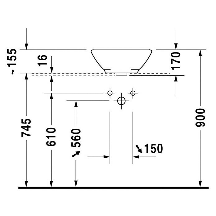 Duravit Waschschale BacinoDurchmesser: 42 cm, Ohne Spezialglasur, Hahnloch: Ohne, Mit Überlauf, Weiß Front View