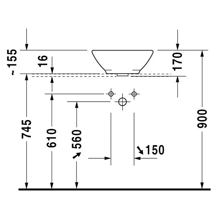 Duravit Waschschale Bacino - Durchmesser: 42 cm, Ohne Spezialglasur, Hahnloch: Ohne, Mit Überlauf, Weiß - Technische Zeichnung eines Aufsatzwaschbeckens mit Maßangaben zu Höhe, Breite und Anordnung der Anschlüsse.