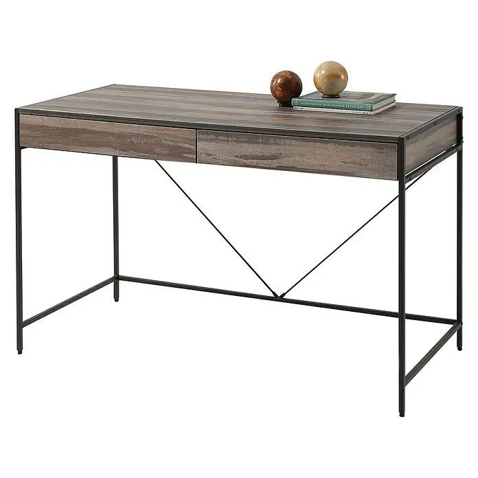 Mesa de escritorio Kala - L x An x Al: 60 x 123 x 76 cm, Número de cajones: 2 ud., Marrón/Negro - Un escritorio moderno con tapa de madera y patas de metal negro ofrece un espacio de trabajo elegante con cajones prácticos.