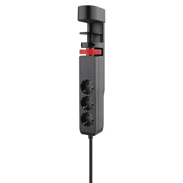 REV Steckdosenleiste für Tischmontage 3 x USB - Anzahl Steckdosen Schuko: 3 Stk., Schwarz, Kabellänge: 3 m, Ohne Schalter - Aufnahme einer schwarzen Tischsteckdosenleiste mit drei Steckdosen und einem roten Drehknopf zur Befestigung an einer Tischplatte.