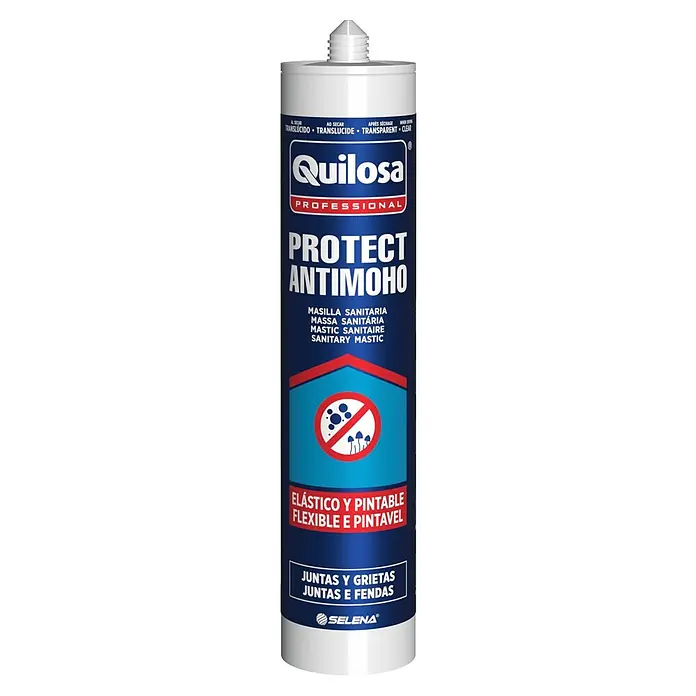 Quilosa Sellador Sanitario Protect Antimoho - Transparente, 280 ml - Un tubo de Quilosa Protect Antimohos, un sellador sanitario contra el moho, que es elástico y pintable.