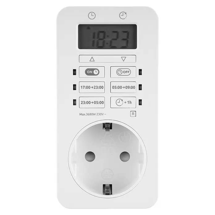 REV Zeitschaltuhr Easy+ - Digital, Weiß, 3.680 W - Weiße, digitale Zeitschaltuhr mit Zeitanzeige und mehreren Tasten für verschiedene Timer-Funktionen sowie einer Steckdose.