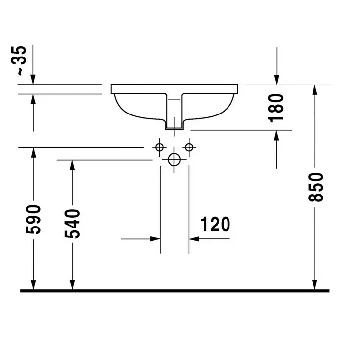Duravit Starck 3 Unterbauwaschbecken - 49 x 36,5 cm, Ohne Spezialglasur, Hahnloch: Ohne, Mit Überlauf, Weiß - Schemazeichnung eines Waschbeckens mit Maßen: Höhe 850 mm, Beckentiefe 180 mm und Breite 590 mm.