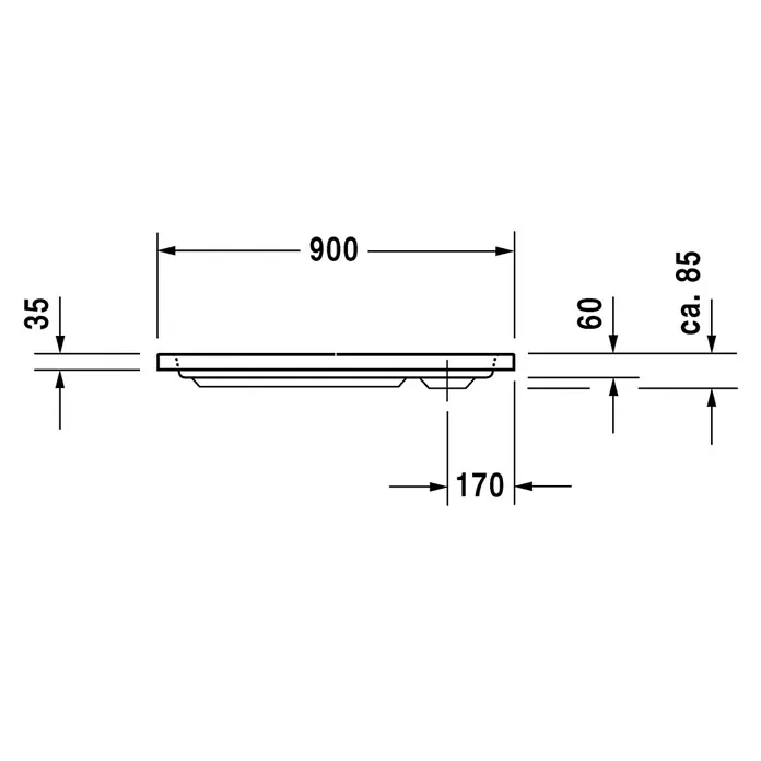 Duravit D-Code Duschwanne - L x B: 90 x 75 cm, Kunststoff, Weiß, Ohne Antirutsch-Oberfläche, Rechteckig - Technische Zeichnung einer Duschwanne mit Maßangaben. Die Duschwanne hat eine Breite von 900mm und eine Höhe von 35mm.