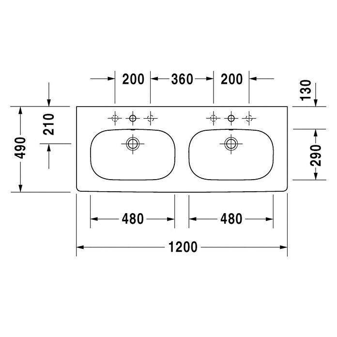 Duravit D-Code Doppelwaschtisch120 x 49 cm, Ohne Spezialglasur, Hahnloch: Mitte, Mit Überlauf, Weiß Unknown