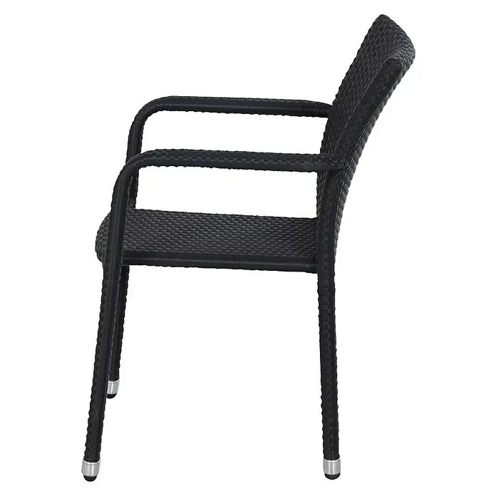 Gardamo Stapelstuhl Minas im Set - 2 Stk., 100% Polyethylen, Schwarz, B x T x H: 56 x 60 x 83 cm - Nahaufnahme eines schwarzen Korbsessels mit Armlehnen und silbernen Füßen vor dunklem Hintergrund.