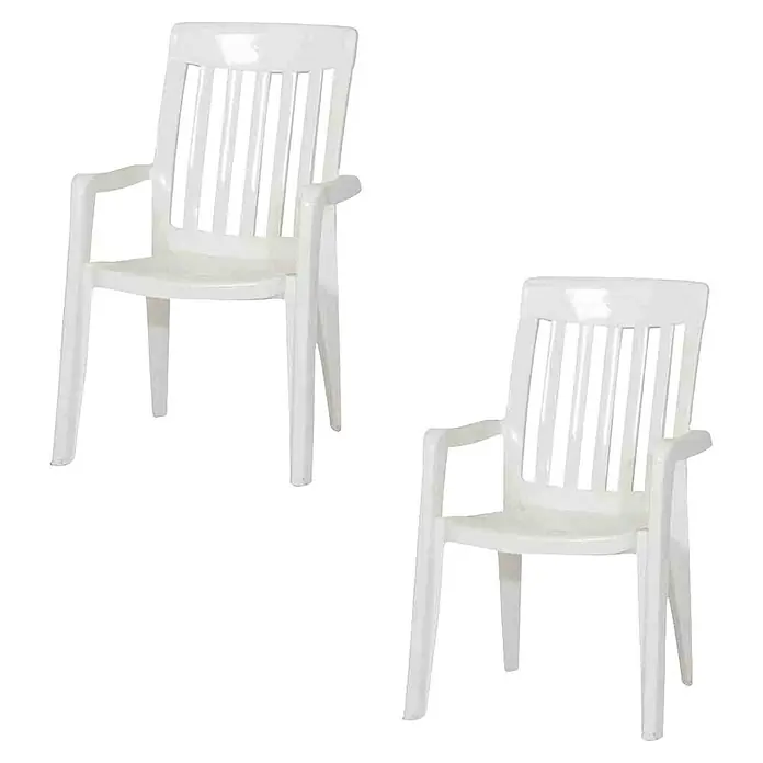 Sieger Stapelstuhl Palma - 2 Stk., Stapelbar, Weiß, B x T x H: 59 x 65 x 92 cm - Zwei weiße Plastikstühle mit Armlehnen, ideal für den Garten oder die Terrasse, bieten Komfort und sind leicht zu reinigen.