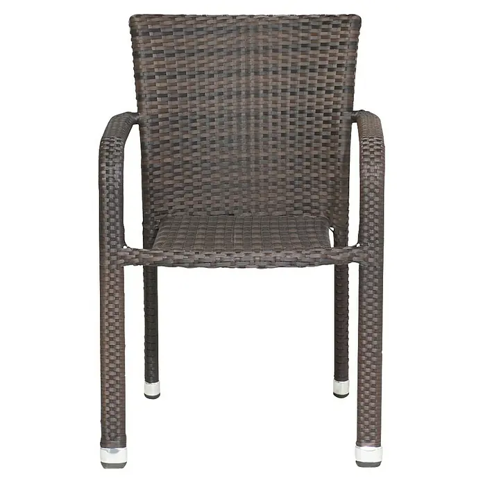 Gardamo Stapelstuhl Minas im Set - 2 Stk., 100% Polyethylen, Maron, B x T x H: 56 x 60 x 83 cm - Ein brauner Rattansessel mit Armlehnen und silbernen Füßen. Er ist ideal für den Außenbereich und bietet Komfort.
